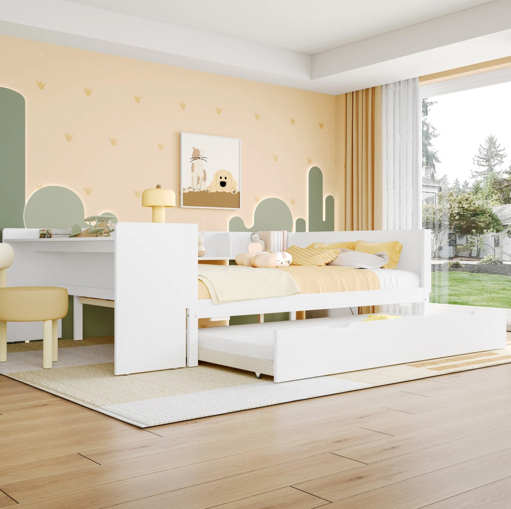 Letto 140x200 cm con scrivania; letto estraibile e ripiani in legno e MDF bianco