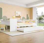 Letto 140x200 cm con scrivania; letto estraibile e ripiani in legno e MDF bianco