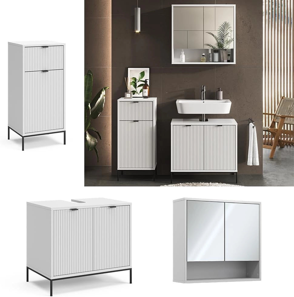 Set di mobili da bagno Eliza, Bianco, 70 cm, composto da mobile sottolavabo, specchiera e mobile medio