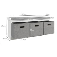 Panca Scarpiera in Legno con 3 Cassetti e Seduta in Tessuto per 3 Paia di Scarpe, 105x35x47 cm, Bianco