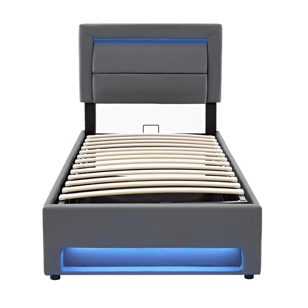 Letto Imbottito con LED e Contenitore ¨C MINIMAL ¨C Grigio, Similpelle, 90x190
