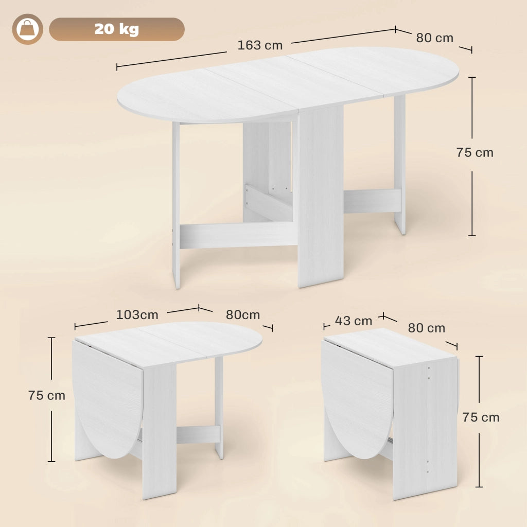 Tavolo Pieghevole per 6 Persone con 2 Ribalte Ovale in Legno, 163x80x75 cm, Bianco
