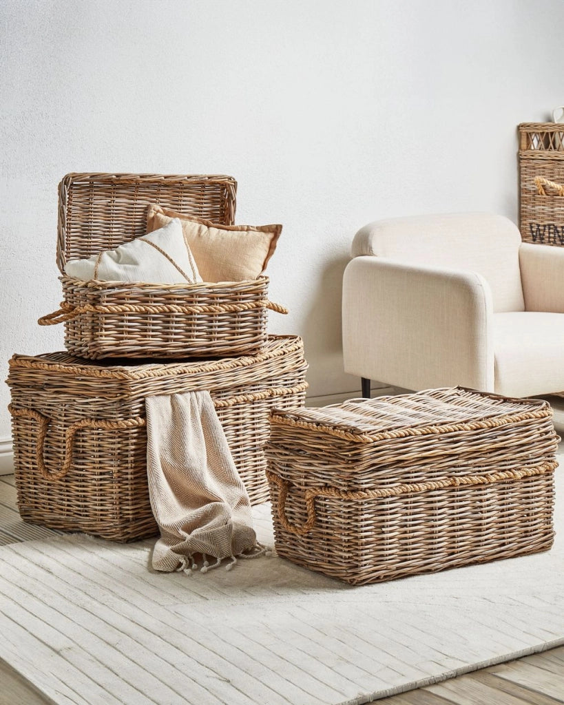 Set di 3 scatole in rattan con telaio in mogano, manici in corda e coperchi fatti a mano in stile boho soggiorno camera da letto