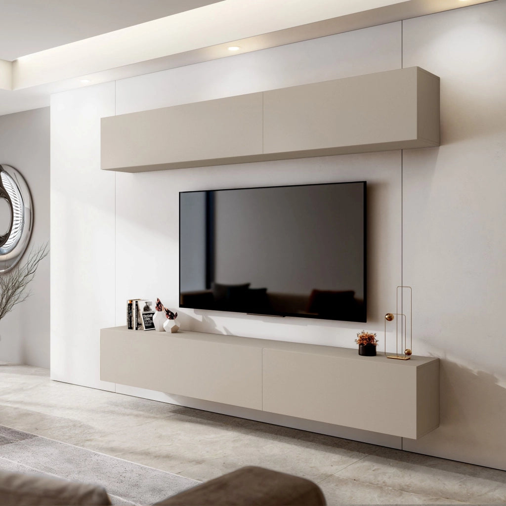Mobile Soggiorno Suisio, Parete Attrezzata Modulabile, Beige
