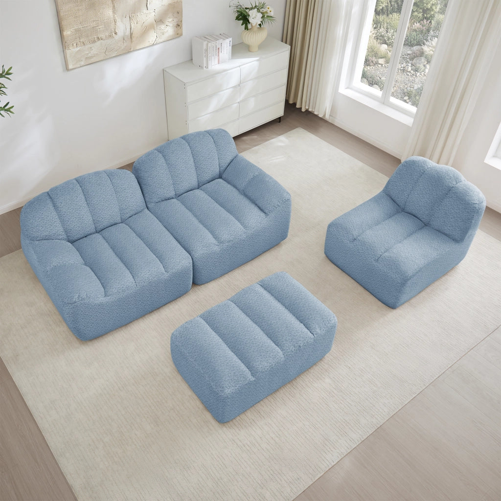 Divano angolare modulare senza struttura con pouf in velluto granulato blu per soggiorno 288 × 165 × 79 cm