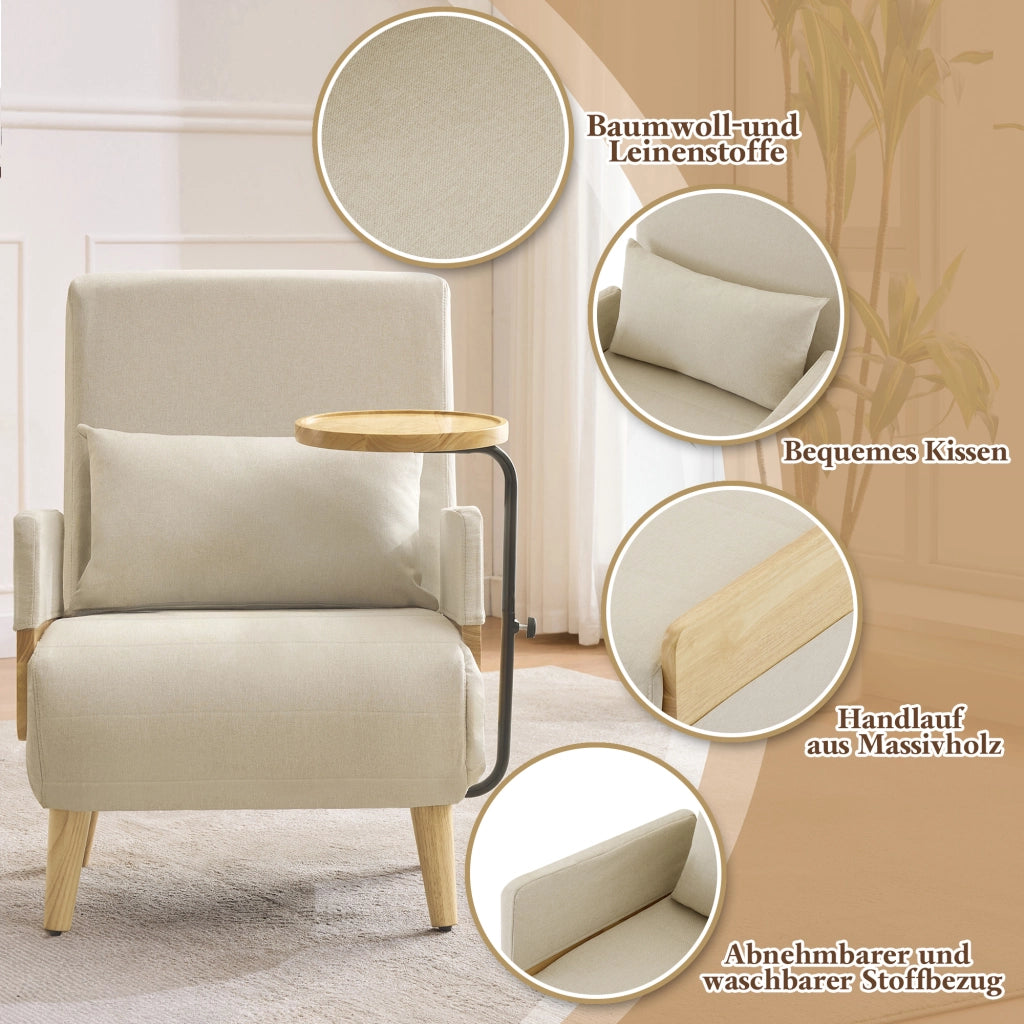 SESSEL 3-in-1 88x74,5x66 cm in lino beige con vassoio in legno