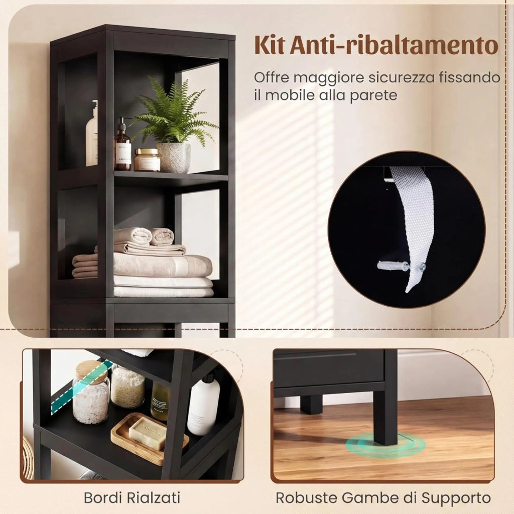 Mobiletto Alto e Stretto Salvaspazio, Mobile da Bagno con 2 Cassetti e 3 Ripiani, Mobiletto in Legno per Camera da Letto, Soggiorno e Ingresso, 30,5 x 30,5 x 145 cm (Nero)