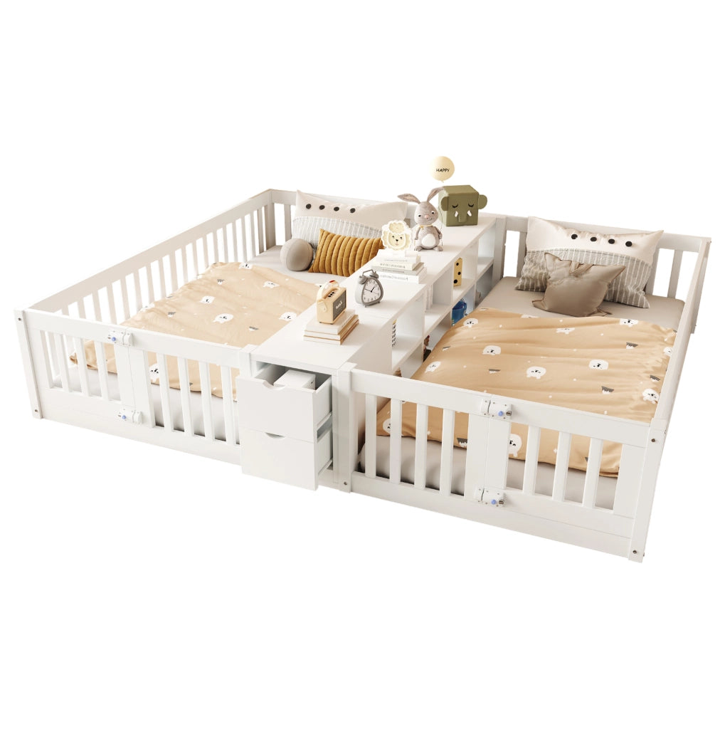 Letto 90x200 cm con ripiani e cassetti; sponde alte in legno bianco