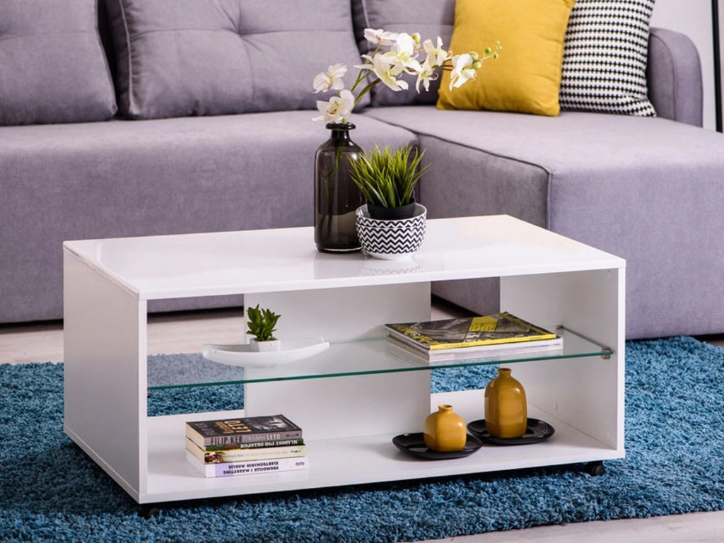 Giussano, Tavolino da Salotto 2 Vani, 101x60x45h cm Bianco