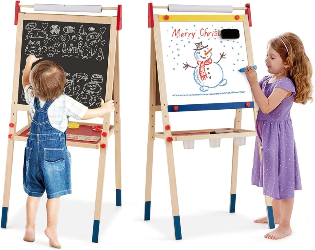 Cavalletto per Bambini 3 in 1, Lavagna Bifacciale, Cavalletto per Disegnare, con Rotolo di Carta, Magnetica, Accessori Completi, in Legno (52,5x51,5x106,5cm)