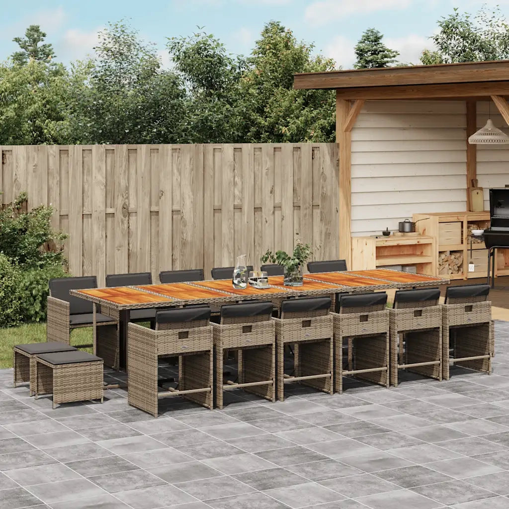 Set da Pranzo da Giardino 17pz con Cuscini Grigio in Polyrattan