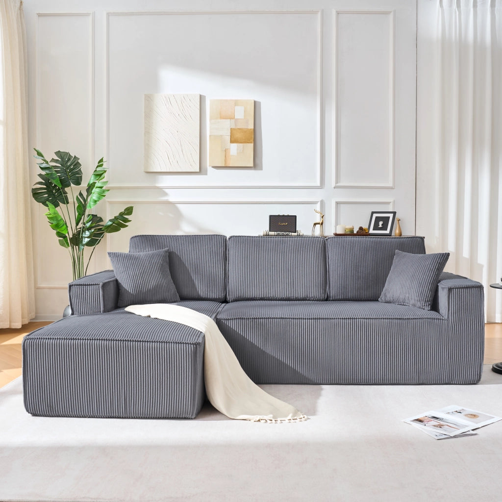 Divano angolare convertibile 2 posti con chaise longue, schiuma ad alta densità, in velluto a coste, Grigio