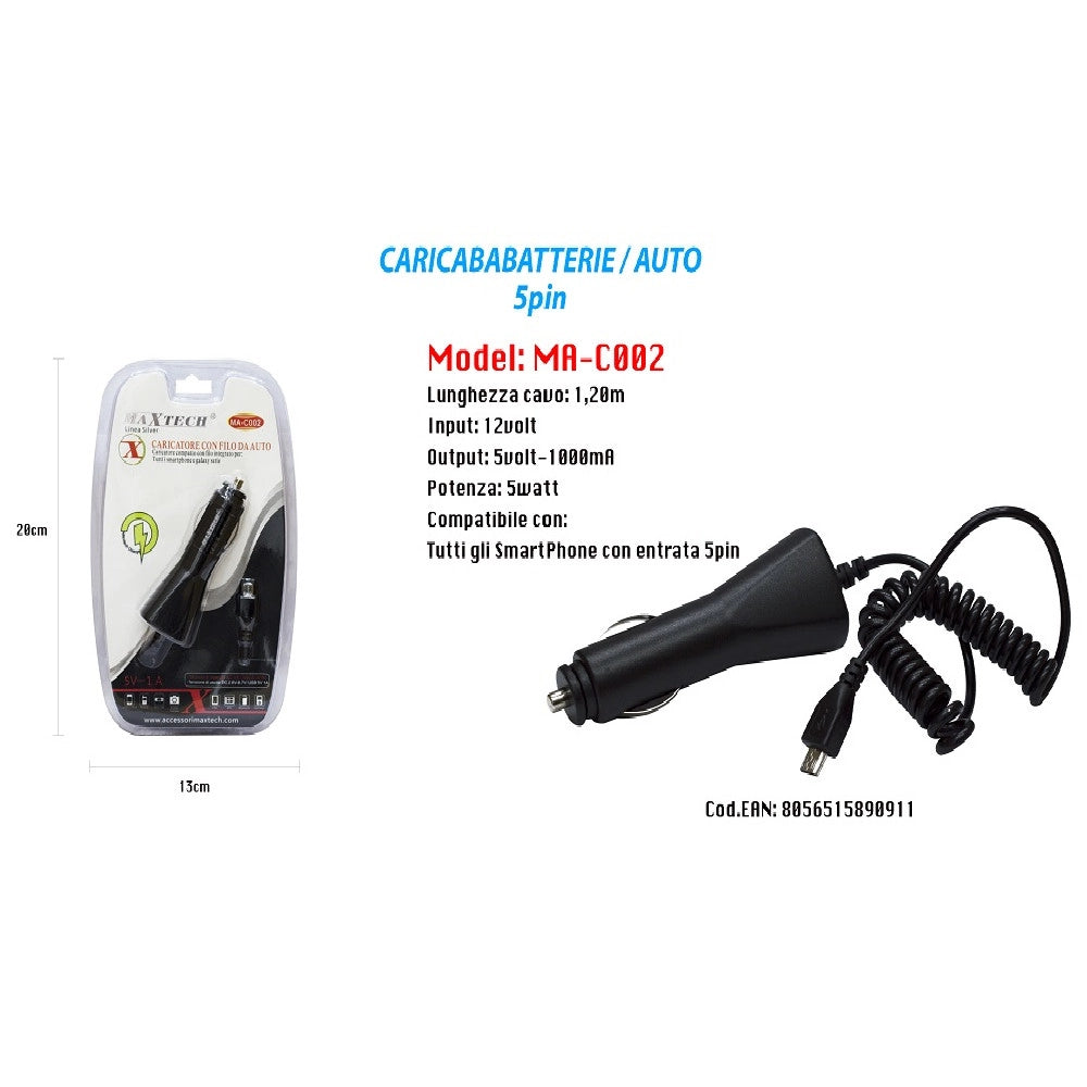 Trade Shop - Caricabatteria Usb Caricatore Cavo 1,20m Da Auto Ricarica Smartphone 5v-1000ma Maxtech Ma-c002 -