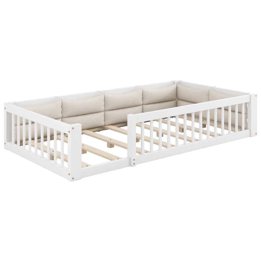 Letto a piattaforma 90x200, letto singolo bianco con cuscini e sponde