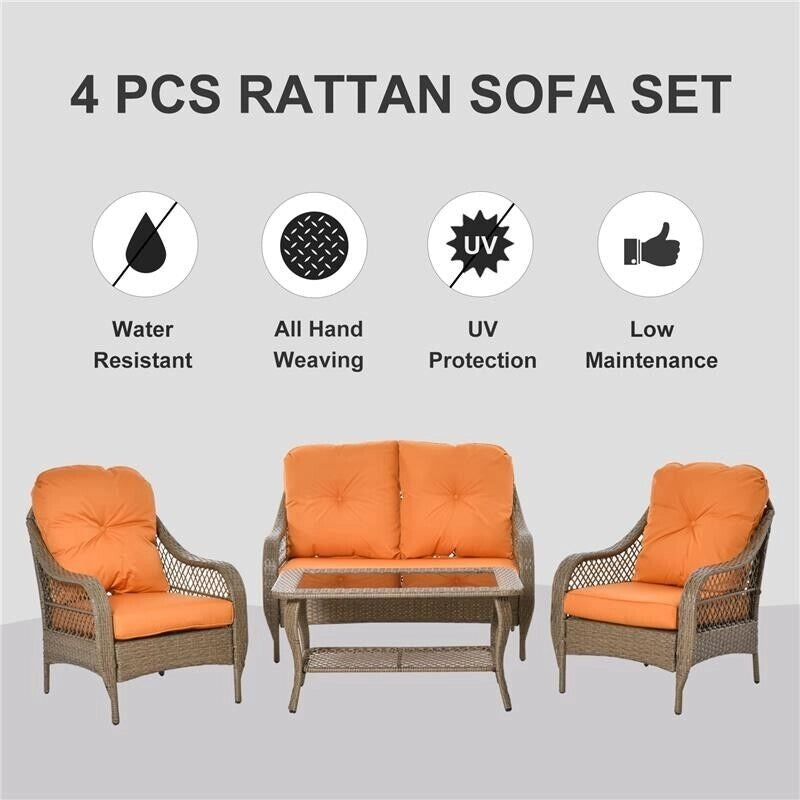 SET IN RATTAN PE CON 2 POLTRONE DIVANO E TAVOLINO E CUSCINI ARANCIONE
