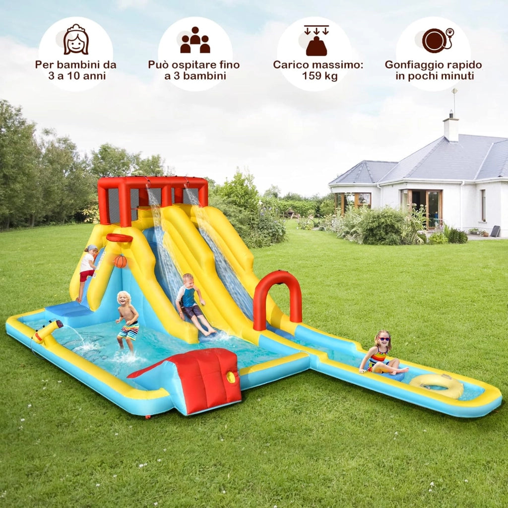 Castello Gonfiabile 8 in 1 per Bambini, con 2 Scivoli, Cannone ad Acqua, Parete di Arrampicata, con Borsa di Trasporto e Kit di Riparazione, per 3 Bambini di 3-10 Anni, 622 x 335 x 225 cm