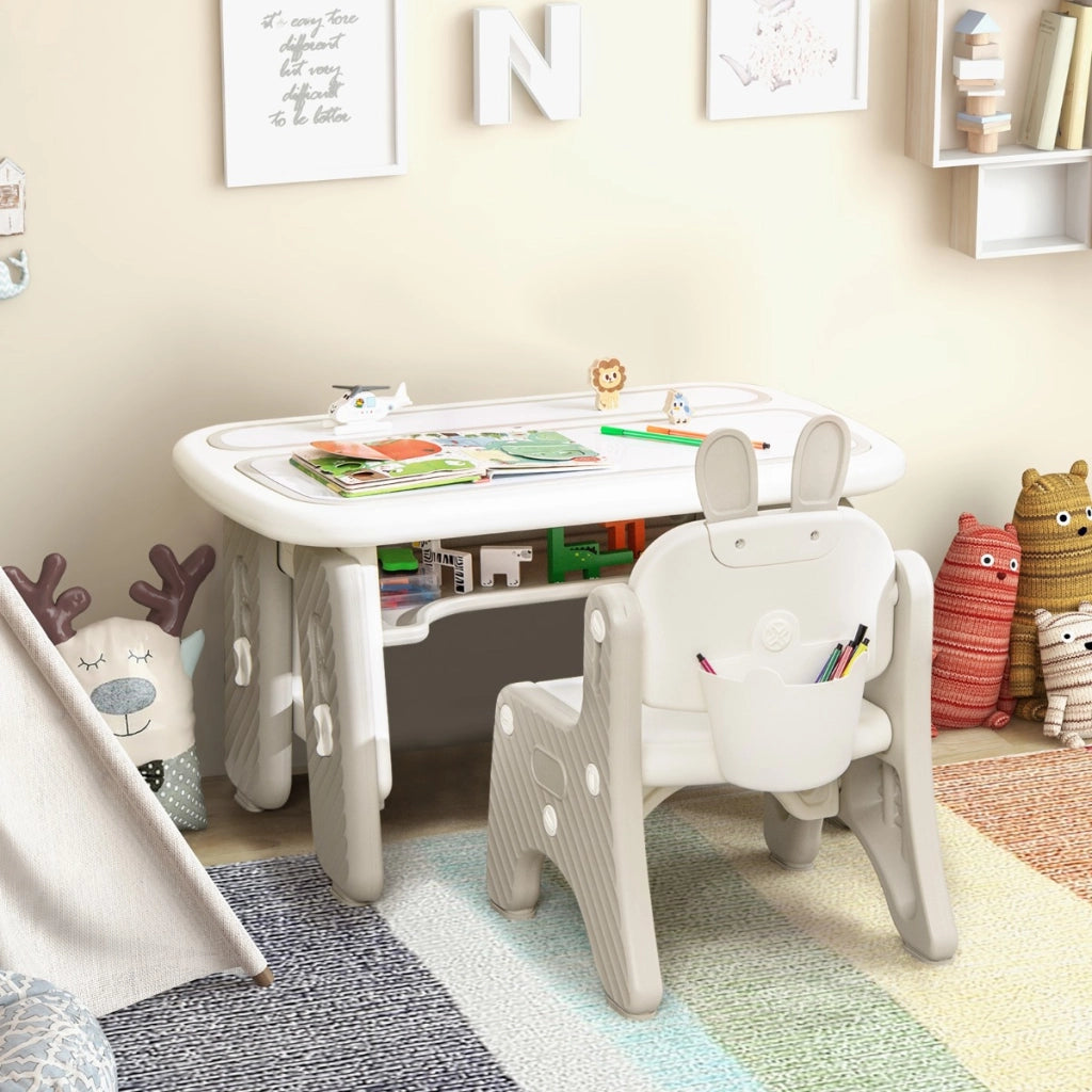 Tavolo e sedia per bambini con mensola ribaltabile lavagna magnetica cancellabile-Tavolino e sedia per imparare Grigio