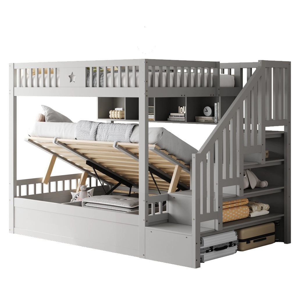 Letto a castello in legno 140x200 cm con letto inferiore idraulico; scaletta con ripiani; grigio