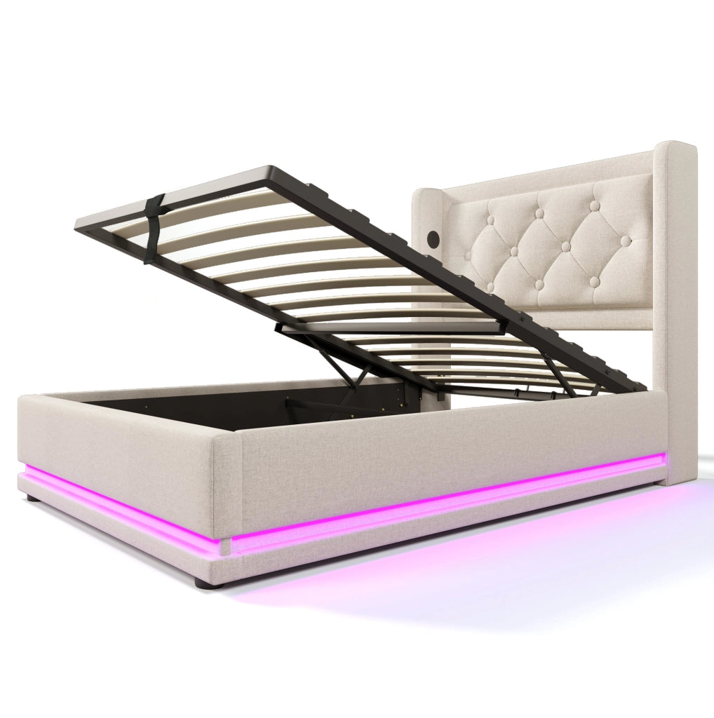 Letto contenitore singolo ULEVR 90x200 cm con LED, USB e Type-C, testiera imbottita beige
