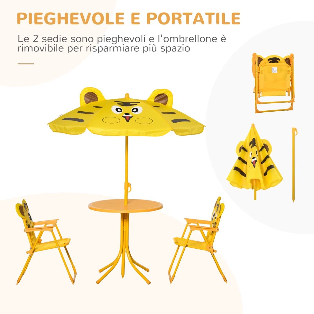 Set 4 Pezzi per Bambini Ombrellone Tavolo Rotondo e 2 Sedie in Acciaio e Tessuto Oxford Giallo