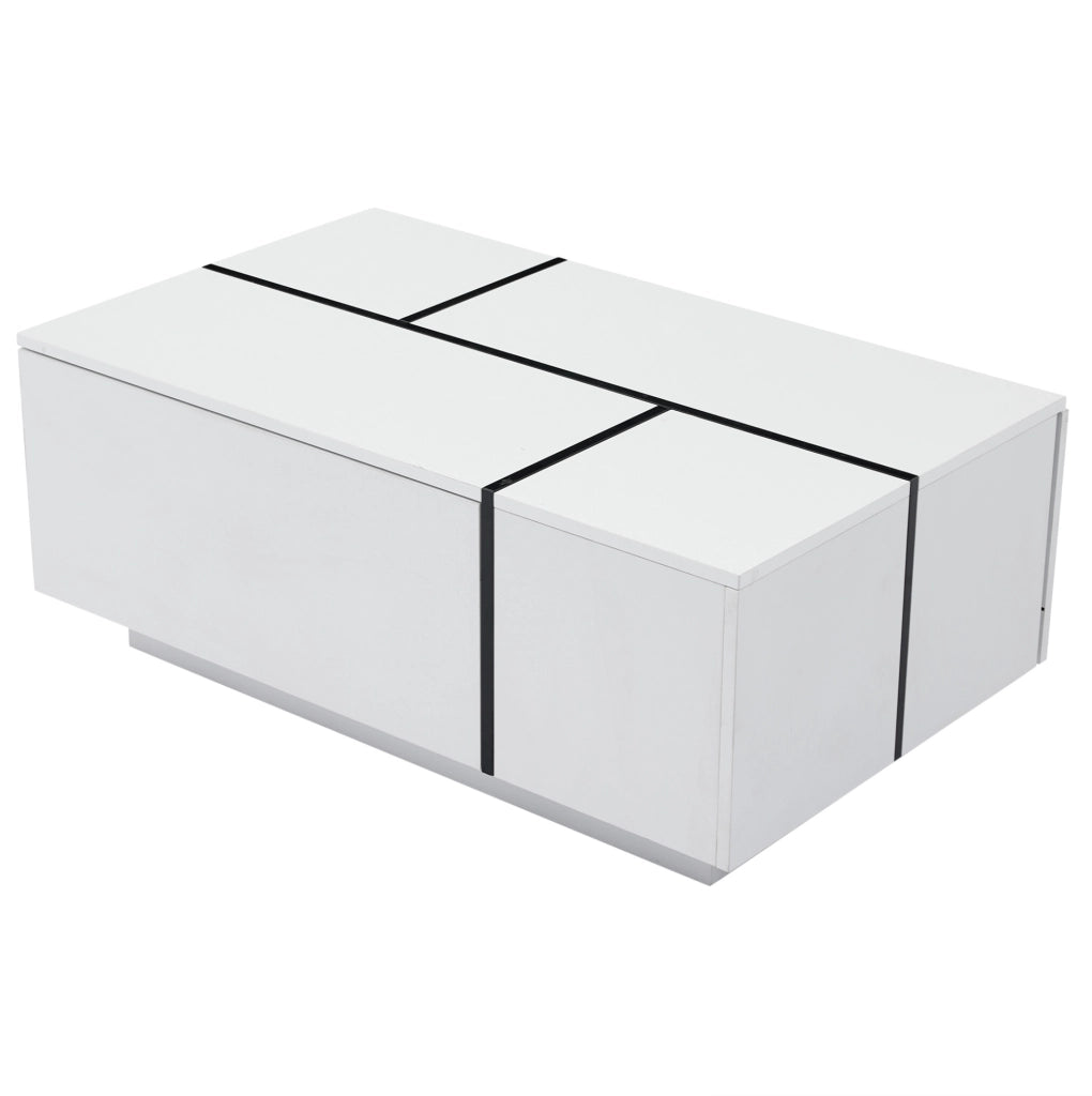 Tavolino da caffè moderno 100x60x40 cm in truciolare bianco e nero; 4 cassetti; piano lucido