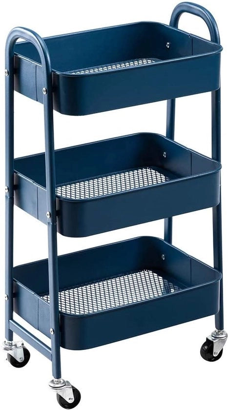 Carrello di archiviazione a 3 piani, su ruote e con maniglie, per cucina, trucco, bagno, ufficio, colore blu scuro