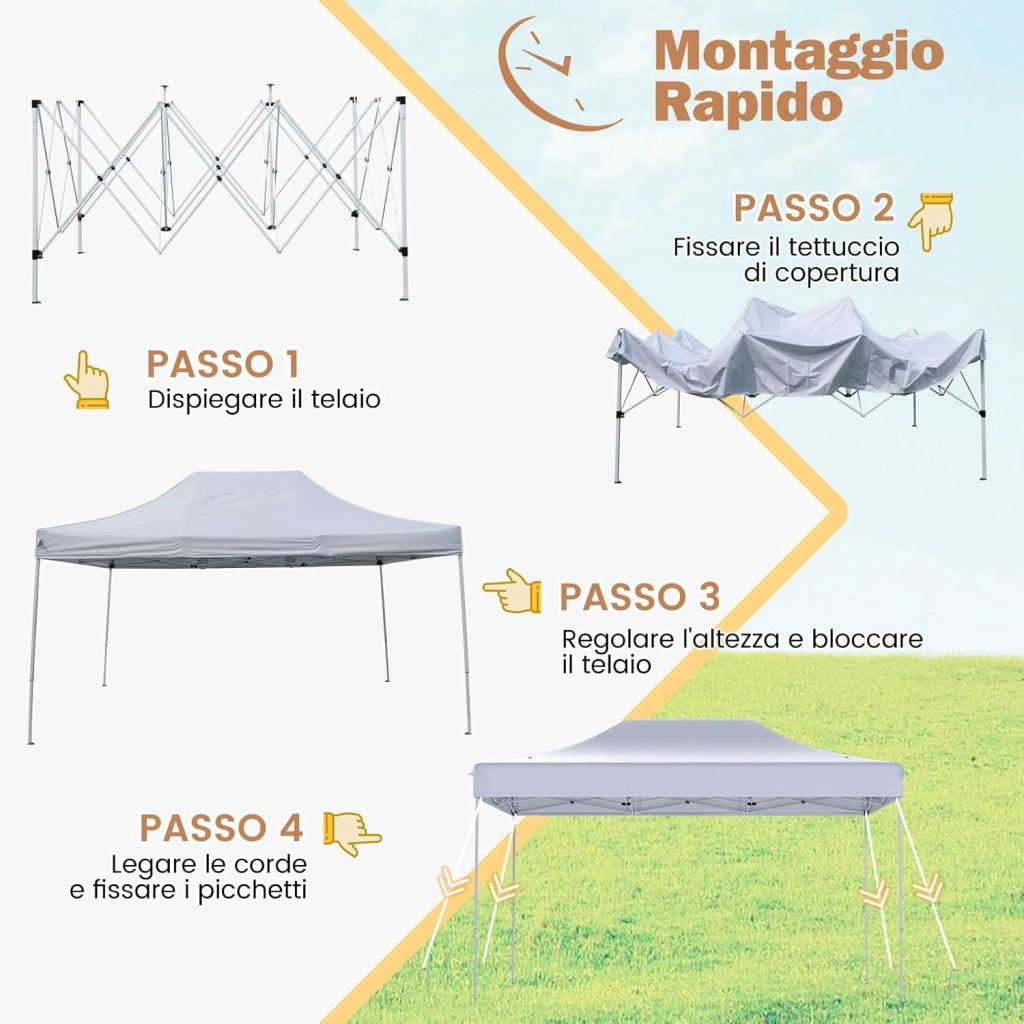 Gazebo Pop-up Pieghevole 3 x 4,5 m, Gazebo da Giardino Impermeabile Altezza Regolabile con Fori di Drenaggio, Tenda da Giardino Antivento con Borsa di Trasporto a Ruote (Bianco)