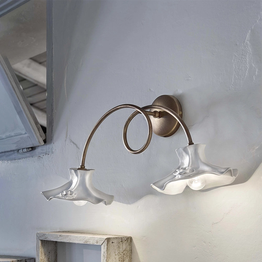 Applique Classica Lecco Metallo E Ceramica Ruggine Decorato 2 Luci E14