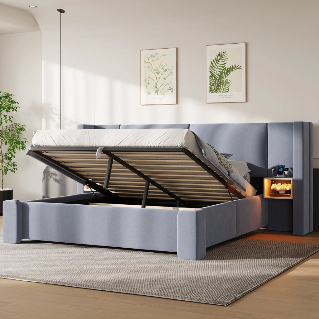 Letto matrimoniale 140x200 con contenitore idraulico e luci LED integrate; lino grigio