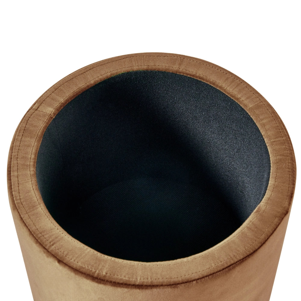 Pouf contenitore con seduta in tessuto velluto e base in legno poggiapiedi rotondo tavolino occasionale marrone