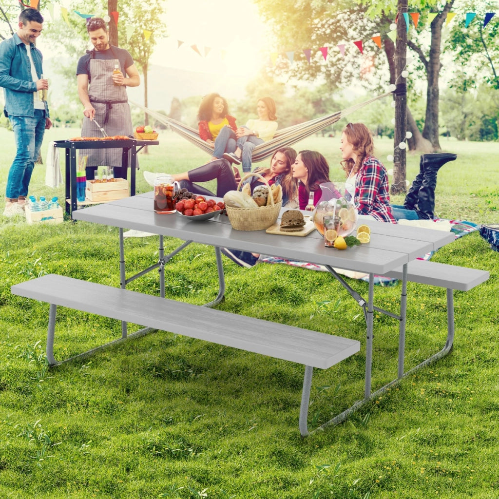 Tavolo da picnic pieghevole con 2 panche, Set di tavolo da 183cm con telaio in metallo e foro per ombrellone Grigio-Tavoli e sedie da campeggio