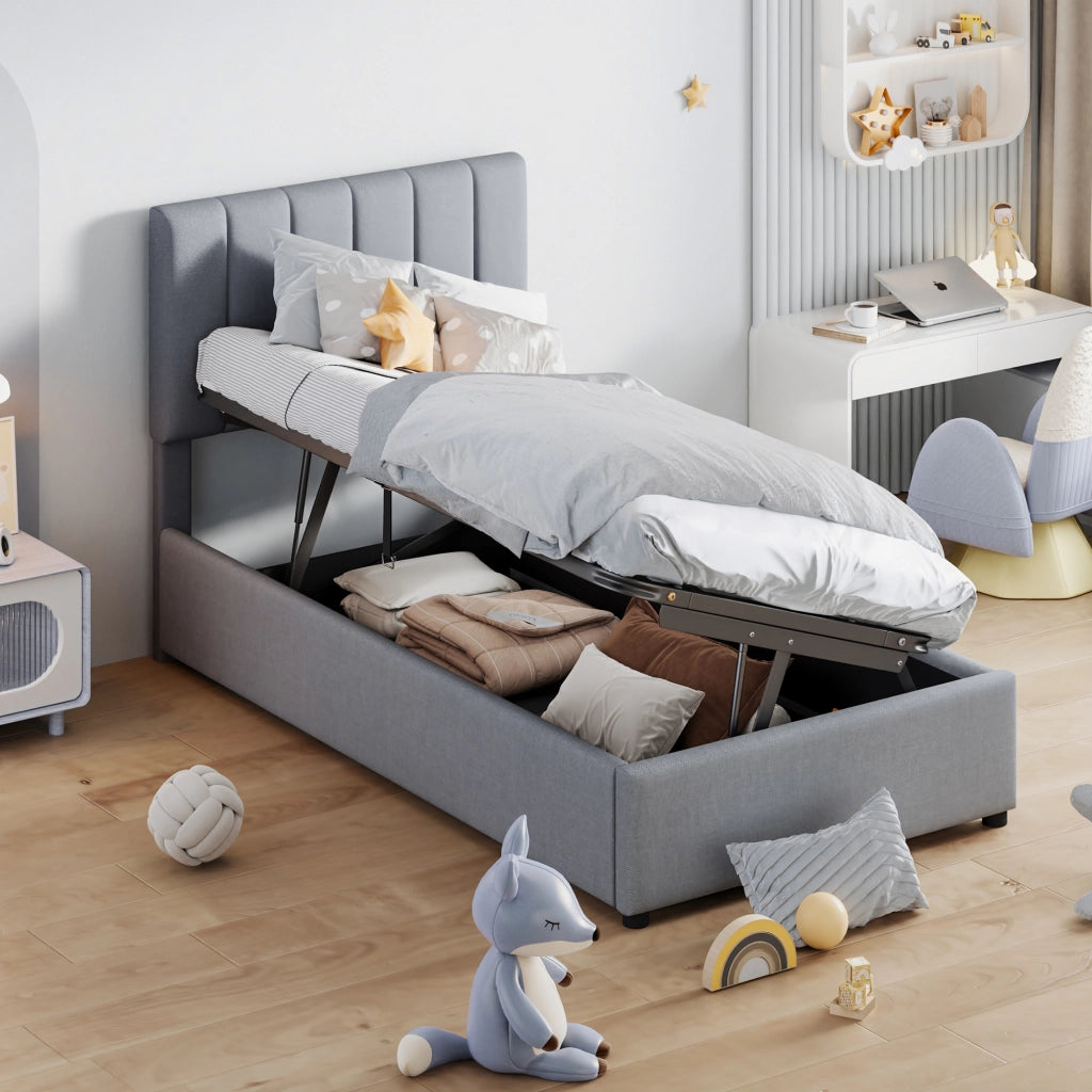 Letto Contenitore per Bambini Letto Singolo con Vano Contenitore e Testiera Regolabile 90×200 cm; senza Materasso; Grigio