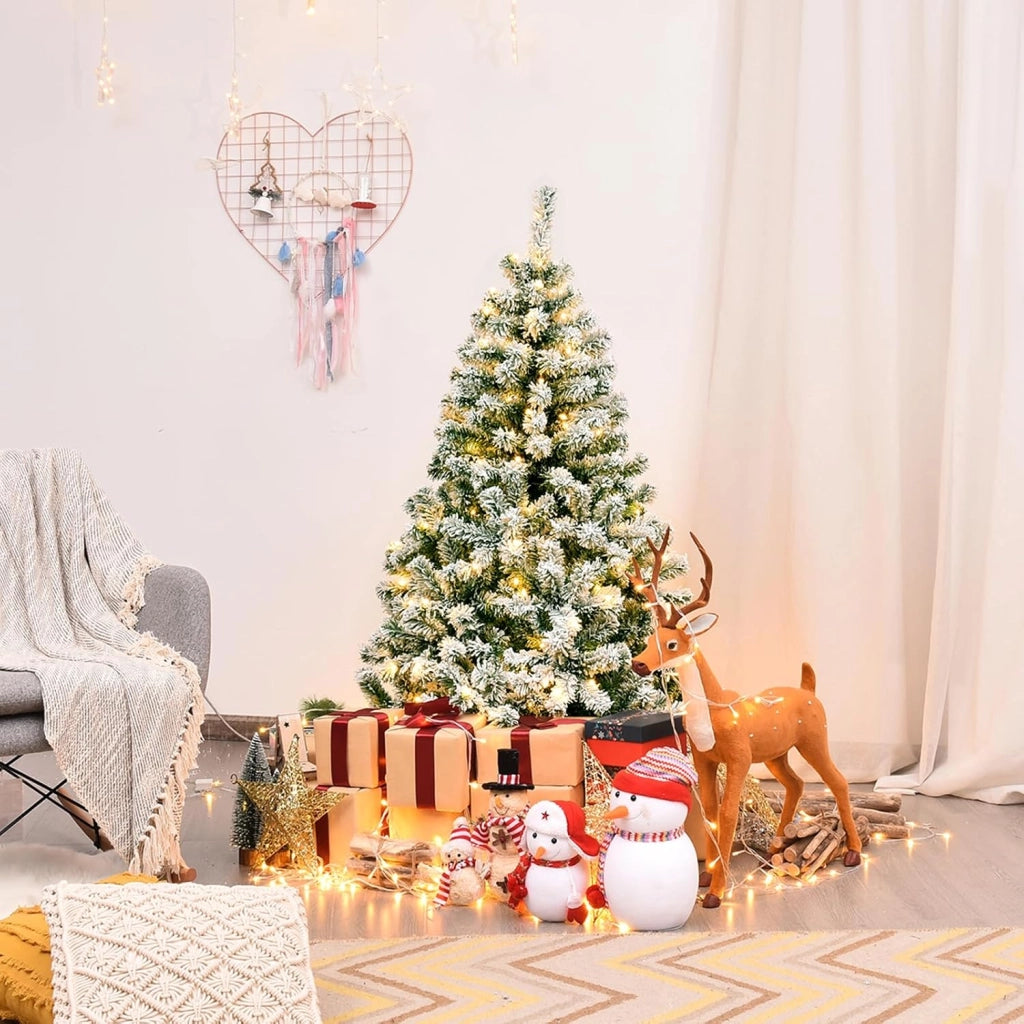 Albero di Natale Innevato 135 cm, Albero di Natale con 200 Luci LED Bianche Calde, 400 Rami, Base in Metallo, Decorazione Natalizia per Casa e Negozio (135 cm)