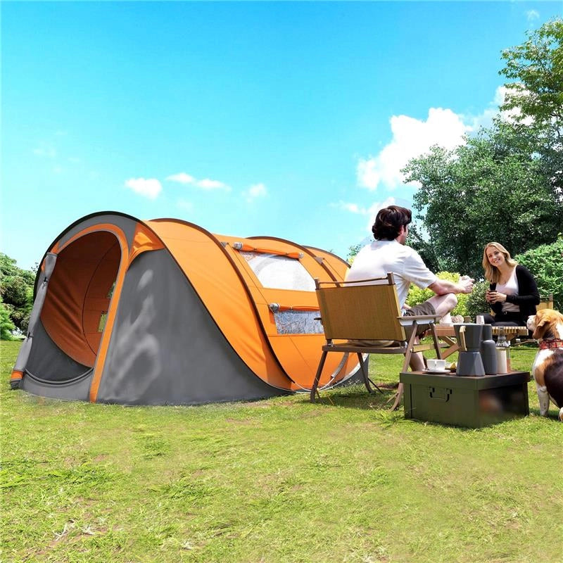 TENDA DA CAMPEGGIO POP UP 2 POSTI CON 2 PORTE, 4 FINESTRE E TELO IMPERMEABILE, 263.5X220X123 CM, ARANCIONE