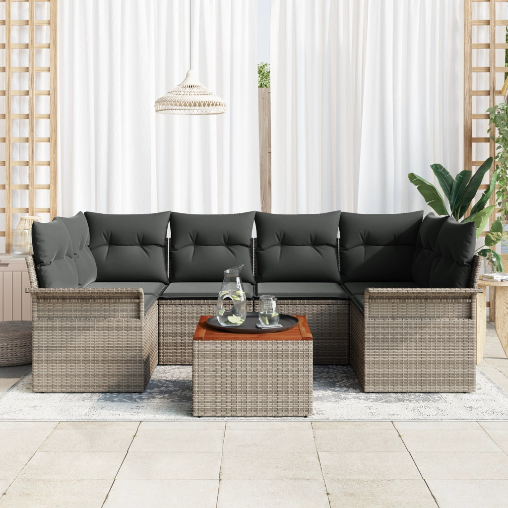 Set di divani da giardino a 7 pezzi con cuscini grigi in polirattan e acacia