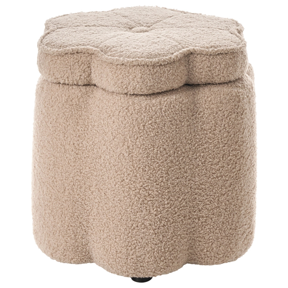 Pouf in bouclè beige con vano portaoggetti motivo floreale per soggiorno e camera da letto stile scandinavo