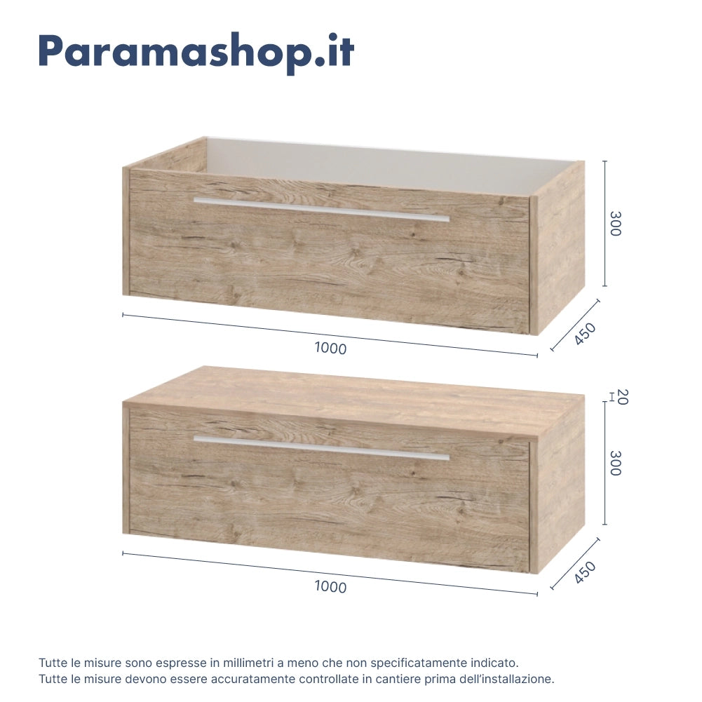 Mobile bagno sospeso modulare 100cm due cassetti rovere naturale con lavabo e specchio | Aoki