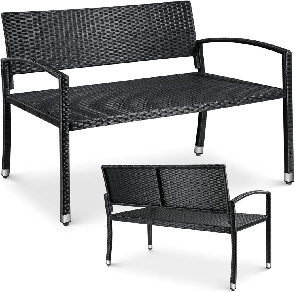 Panca da Giardino in Rattan, Resistente Alle Intemperie, Panca da Balcone a 2 Posti, 122x60x85 cm, Rattan Monofacciale, Sedia da Giardino per Esterno, Terrazze e Balcone, Nero