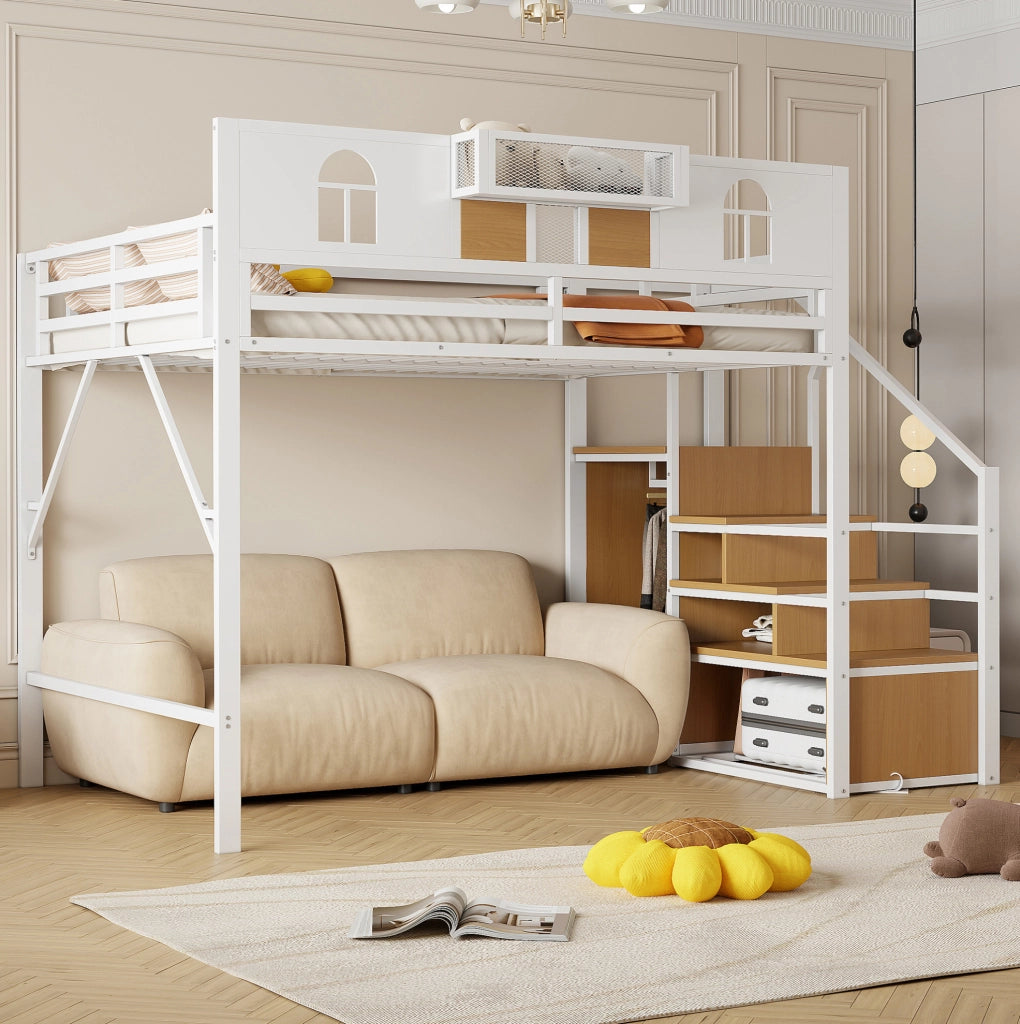 Letto a soppalco 140x200 cm con scala contenitore e ripiano; in metallo bianco