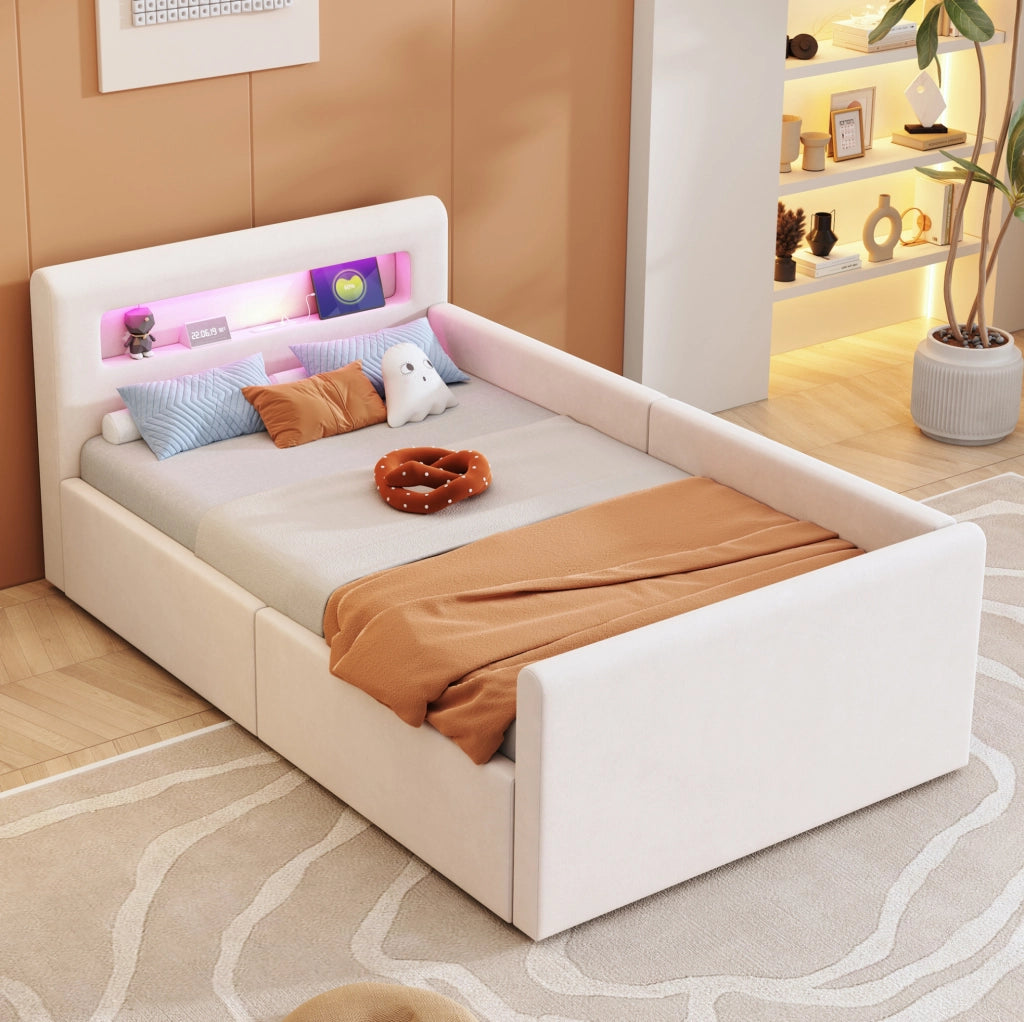 Letto imbottito 90x200 cm con LED; luce notturna; USB e contenitore in velluto beige