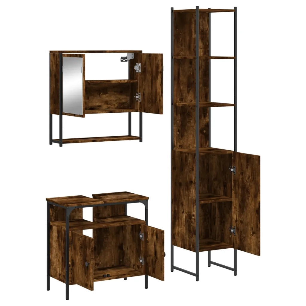 Set Mobili da Bagno | Armadio da bagno 3 pz Rovere Fumo in Legno Multistrato