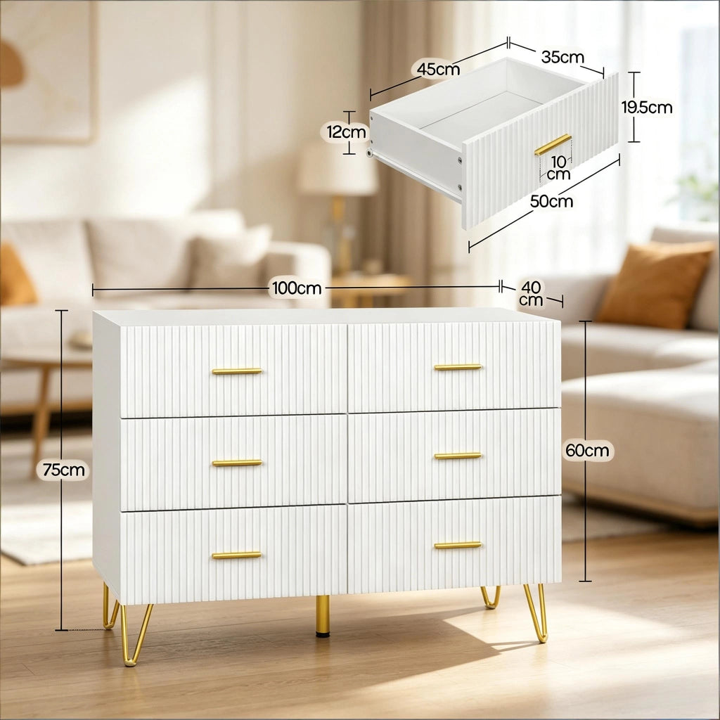 Cassettiera con 6 cassetti in truciolare con rivestimento melaminico bianca e oro per soggiorno e camera da letto