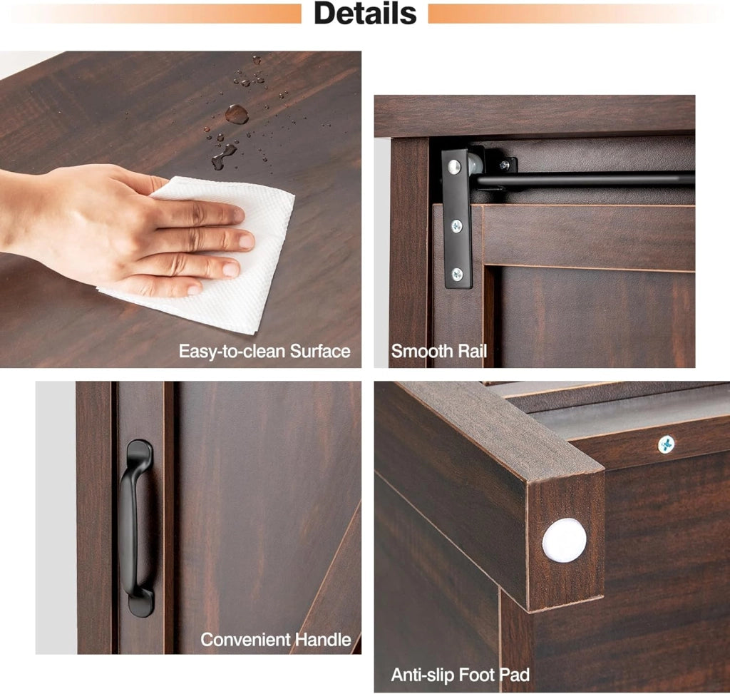 Mobile Laterale Divano con Piano Superiore Ampio e 4 Scomparti, Porta Scorrevole, 4 Piedini Antiscivolo, Credenza Elegante per Cucina, Ingresso, Camera da Letto, Marrone
