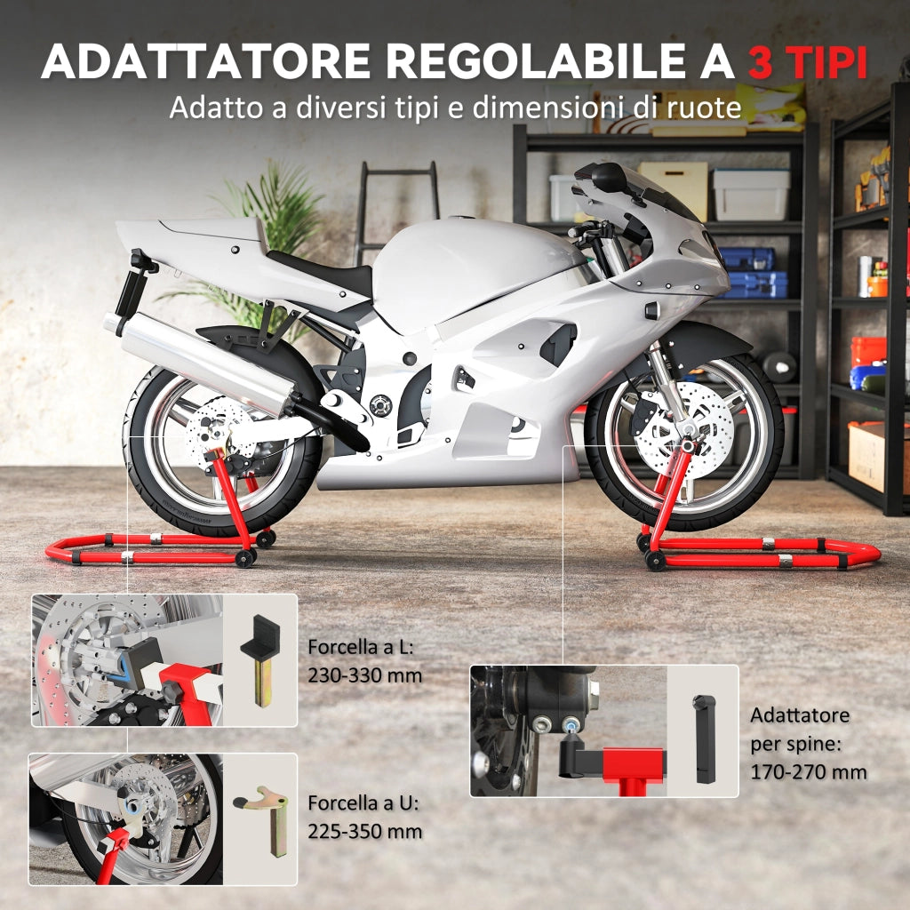 Cavalletto Moto Anteriore e Posteriore Forcelle a U e L Capacità 390 Kg in Acciaio Rosso