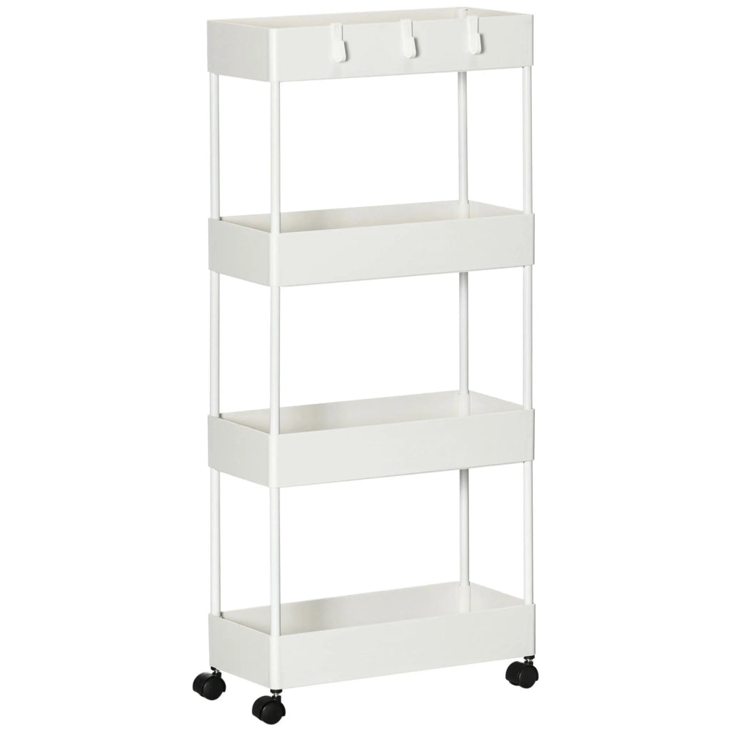 Carrello da cucina con 4 ripiani, scaffale portaoggetti con ruote e freni, versatile, bianco