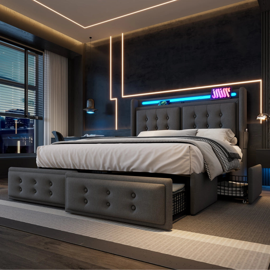 Letto matrimoniale 180x200 cm con LED; USB e USB-C; 4 cassetti e testiera con mensole; grigio