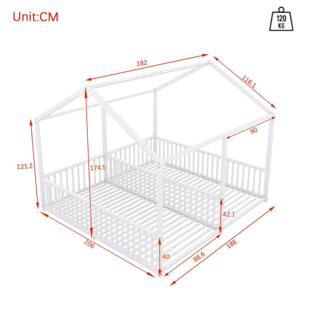 Letto per bambini in metallo 90x200 cm con sponda, forma a casetta, bianco
