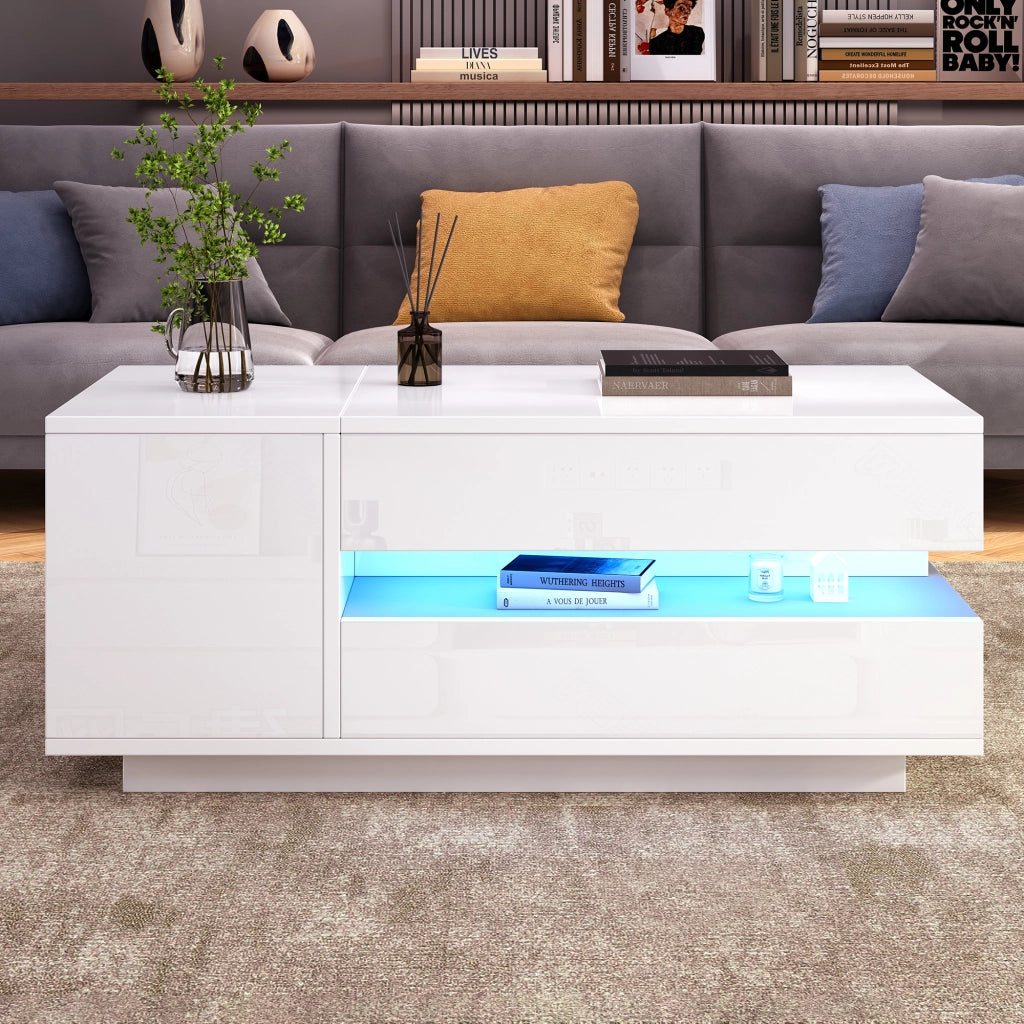 TAVOLINO ALZABILE 90 x 50 x 34,5 cm Bianco Lucido con LED e 1 cassetto