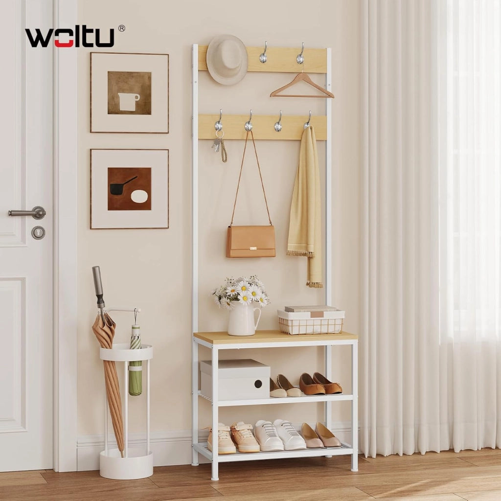 Appendiabiti Panca Porta Scarpe 3 in 1, Scaffale per Scarpe a 2 Livelli con Sedile e 7 Ganci, per Corridoio/Ingresso, Metallo + Legno Ingegnerizzato, Bianco + Rovere Chiaro, 60x31,5x170cm
