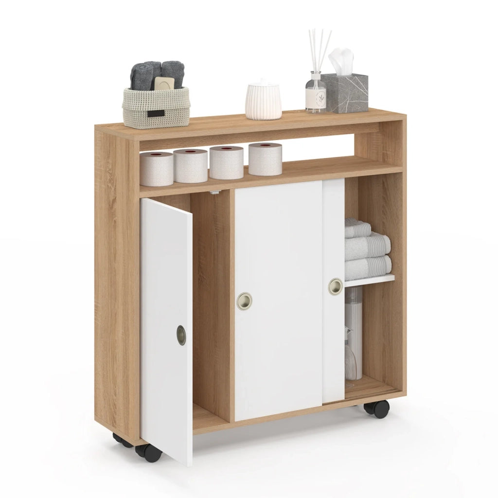IDMarket - TOMI mobile laterale con rotelle per bagno struttura in faggio piano bianco